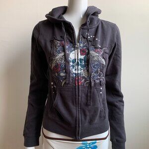 Billabong black skull print wings and roses hoodie sweater